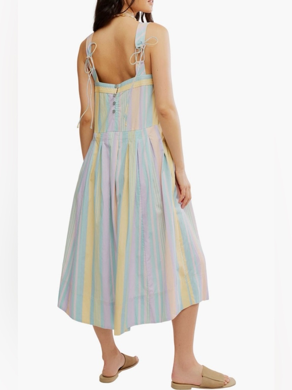 FREE PeOPLE NWT 100% Cotton, Striped Suspender Midi Dress pleats, dropped waist - Picture 3 of 11
